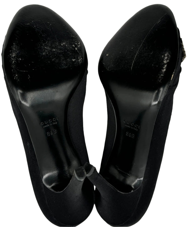 Gucci Black Satin Crystal Bow Embellished Peep Toe Pumps - Size 39