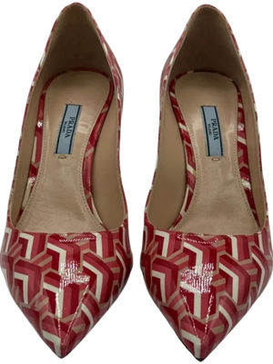 Prada Vernice St. Twis Patent Leather Pointed Toe Logo Heels *NEW*