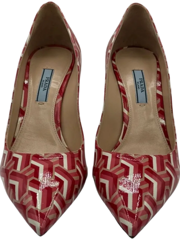 Prada Vernice St. Twis Patent Leather Pointed Toe Logo Heels *NEW*