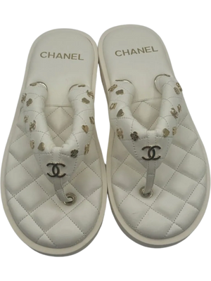 Chanel Spring 2023 White Quilted Charms Padded Pool Thong Sandal