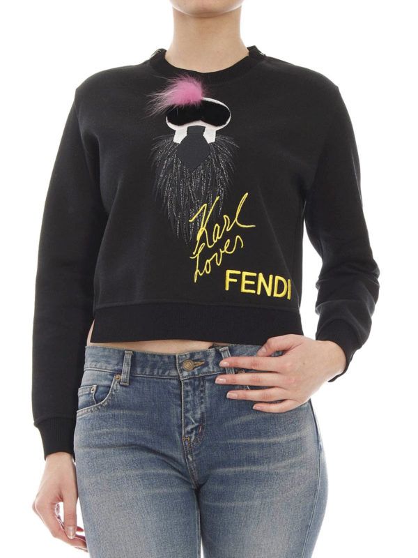 Fendi Karlito “Karl Lover” Fur Embellished Sweatshirt – Black – Size IT 40