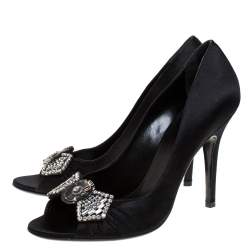 Gucci Black Satin Crystal Bow Embellished Peep Toe Pumps - Size 39
