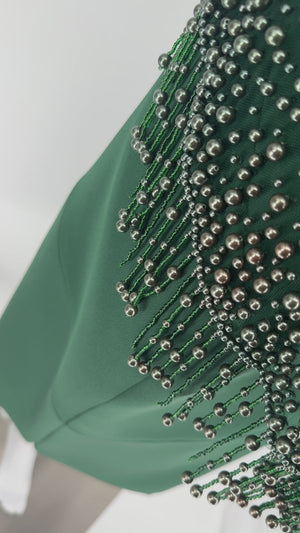 Pamella Roland Rich forest green Beaded Overlay Cut Out Long Sleeve Cape Dress Sz 8