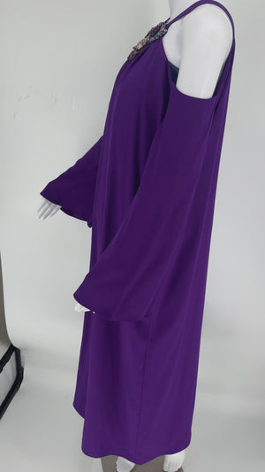 PAMELLA ROLAND Purple Cold Shoulder Beaded Neck Long Sleeve Maxi Dress 10.