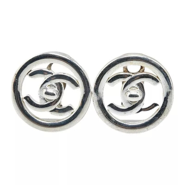 CHANEL CC Logo Silver Turn Lock Circle Earrings - Spring 1997